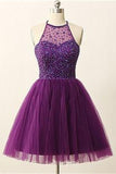 Purple Beading Modest Open Back Halter Homecoming Dress Graduation Dresses K387