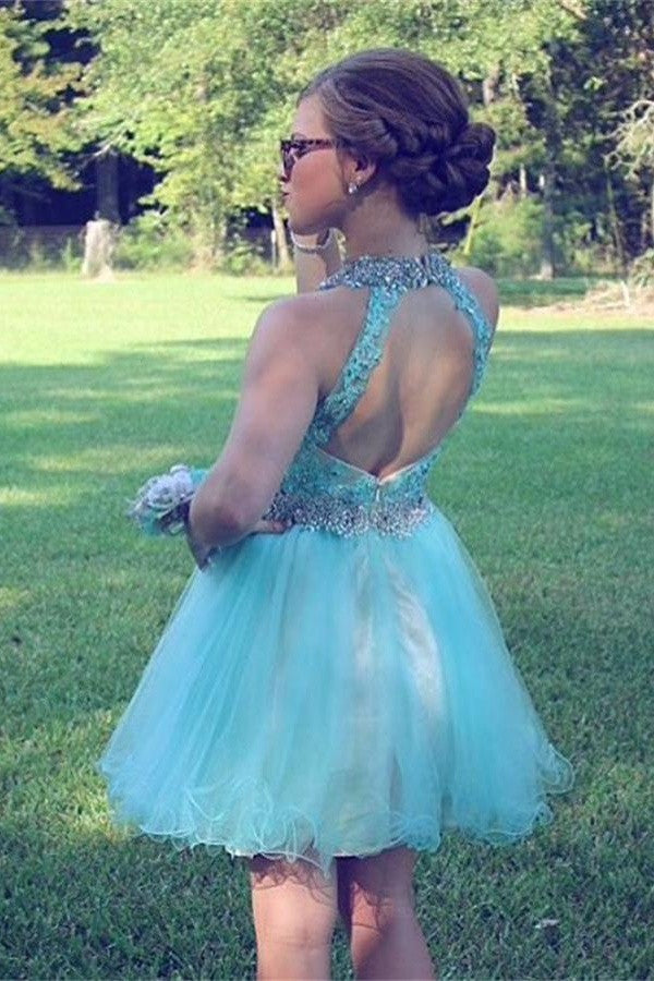 Classy Open Back Lace Beading Halter Tulle Homecoming Dress K403