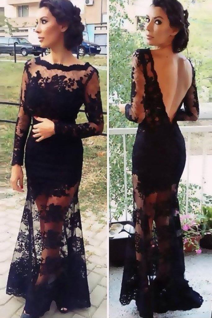 Real Sexy Black Long Sleeves Lace Backless See Through Prom Dress K47