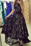 Modest Black Lace Long High Low Charming Prom Dress K80