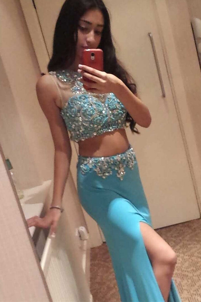 Ice Blue 2 Pieces Long Front Split Charming Prom Dress K82