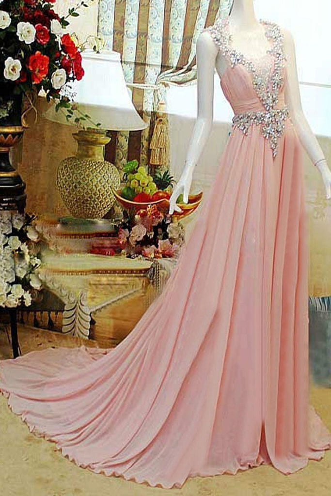 Pink High Low Backless Beading Long Chiffon Prom Dresses K89