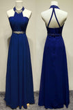 Royal Blue Halter Beading Backless Pretty Long Prom Dress K90