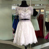 Stylish Two Piece A-Line Prom Dresses,Bateau Short Sleeves Lace Homecoming Dress With Beading OK471