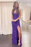 Mermaid Purple Sequins Long Prom Dress With Slit Evening OK1373