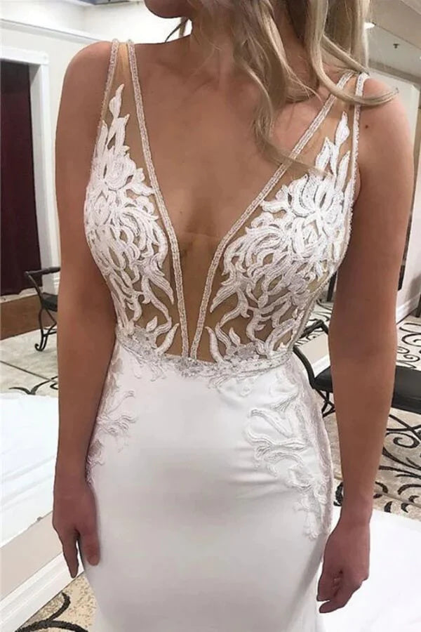 Elegant Mermaid Deep V-neck Wedding Dresses With Lace Appliques, Bridal Gown OK1813