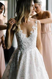 New Arrival A-line V-neck Floral Organza Lace Bridal Dress Wedding Dress OKU86