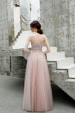 A Line Spaghetti Straps Beaded Long Tulle Prom Dress OKT23