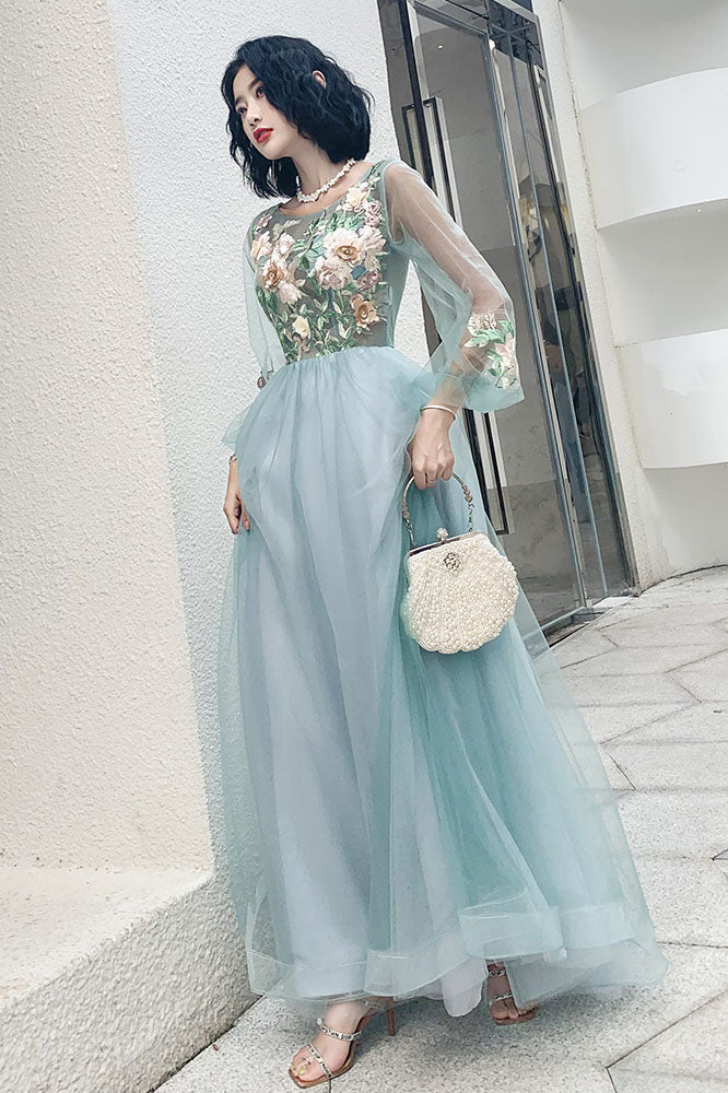 A Line Long Sleeve Round Neck Tulle Floral Appliques Prom Dress OKQ83