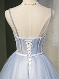 Light Blue A Line Spaghetti Straps Tulle Short Homecoming Dress OKN49