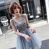 V Neck A Line Beaded Homecoming Dress, Short Tulle Prom Dress OKN59