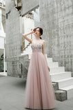 A Line Spaghetti Straps Beaded Long Tulle Prom Dress OKT23