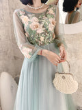 A Line Long Sleeve Round Neck Tulle Floral Appliques Prom Dress OKQ83
