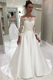 Elegant A-line Sweetheart 3/4 Sleeves White Floor Length Prom/Wedding Dress With Lace Top OK101