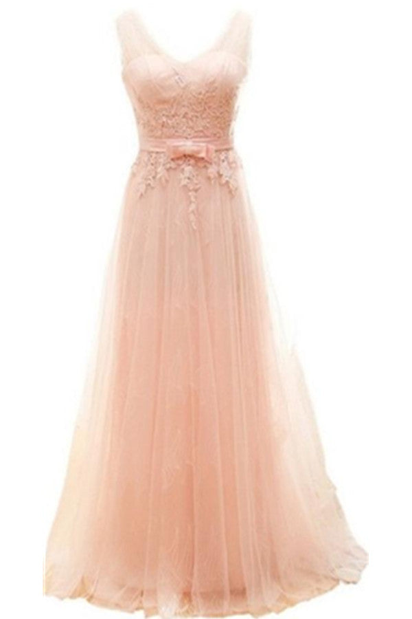 Charming Long Blush Pink Lace Elegant A-line Prom Dress OK11
