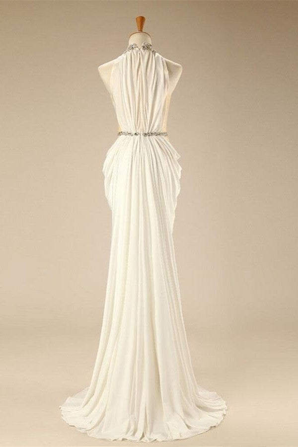 Charming Elegant White Halter Beaded Chiffon Long Prom Dress OK26