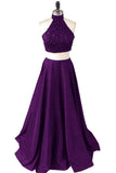 Two Pieces Long Beaded Purple Beauty Prom Dresses OK28
