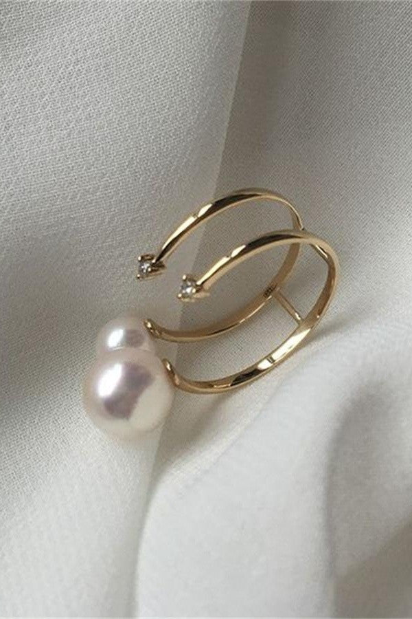 Double Pearl Ring with 18K Band and Transparent Zircon P21