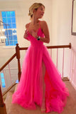 Hot Pink Pleated A Line Tulle Long Prom Dresses Formal Evening Dresses OK1448