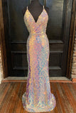 V Neck Mermaid Sequins Long Prom Dress Formal Evening Dress OK1365