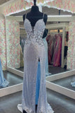 Straps Light Blue Sequins Appliques Long Prom Dress Elegant Sheath Evening Dress OK1397