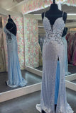 Straps Light Blue Sequins Appliques Long Prom Dress Elegant Sheath Evening Dress OK1397