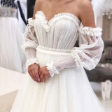 Ivory Tulle Off the Shoulder Bride Dress Simple Long Puffy Sleeves Wedding Gown OKW52