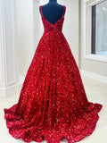A line Red Square Neck Sequin Long Prom Dresses, Formal Evening Dresses OK2003