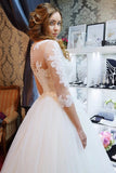 Romantic White Lace Half Sleeves Ball Gown Wedding Dress Bridal Gowns OK1132
