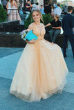 Elegant A-Line V Neck Tulle Long Prom Dress with Pearls Evening Party Dress OKZ60