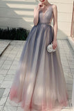 Elegant V Neck A-Line Beaded Ombre Tulle Sleeveless Long Prom Dress OK1396