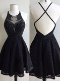 Fashion A-Line Round Neck Black Backless Lace Beaded Short Homecoming/Prom Dresses OK309