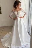 Beautiful A Line Satin Long Sleeves Open Back Wedding Dresses with Lace Appliques OK1676