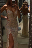 Spaghetti Straps Mermaid Prom Dress With Slit Sparkly Sequins Long Formal Evening Gown OK1384