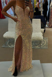 Spaghetti Straps Mermaid Prom Dress With Slit Sparkly Sequins Long Formal Evening Gown OK1384