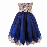 A Line Short Blue Gold Lace Appliques Prom Dress Homecoming Dresses OKF58