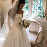 A-line Ivory Strapless Wedding Dress Satin Draped Bridal Dress With Pockets OKX5