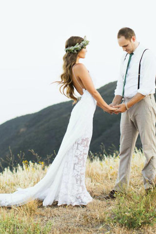 Simple A Line Long Chiffon Backless Lace Beach Wedding Dress,Bridal Gown OKG78