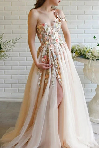 3D Flowers A-line Tulle One Shoulder Sweetheart Neckline Long Prom Dress OKV41