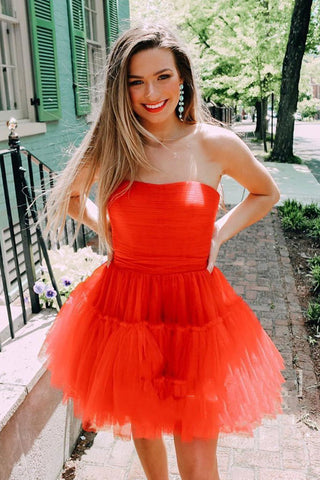 Strapless Short Red Prom Dress A-line Cute Tulle Graduation Homecoming Dress OKX48
