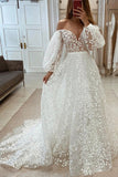 Off the Shoulder A-line Puffy Long Sleeves Lace Beach Wedding Dresses OK1929