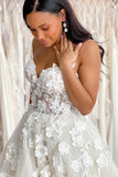 Fashion Tulle A-line Spaghetti Straps Sweetheart Lace Appliques Wedding Dresses OK1763