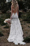 A Line Tulle Lace Mermaid V Neck Wedding Dresses, Beach Wedding Dresses OK1805
