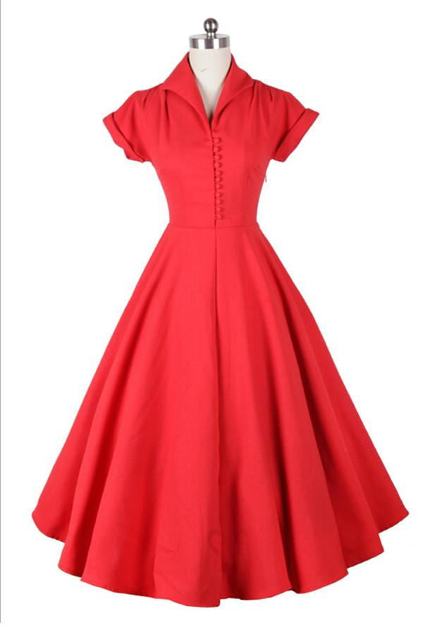 Modest Red High Neck Vintage Dress With Short Sleeves V13