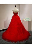 Chic Sweetheart A Line Zipper Back Red Ruffles Cheap Long Prom Dress OKG22