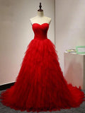 Chic Sweetheart A Line Zipper Back Red Ruffles Cheap Long Prom Dress OKG22