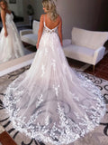 V Neck Backless Ivory Lace Appliques Tulle Long Wedding Dresses Bridal Dress OK1699
