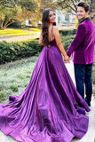 V Neck Backless Purple AQ Line Satin Long Prom Dress with High Slit OK1966