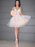 V Neck A Line Lace Appliques Tulle Prom Dresses Short Homecoming Dresses OK1459