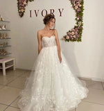 Lace Floral Puffy Sleeve Wedding Dress Sweetheart Long Train Bridal Gown Corset Back OKV20